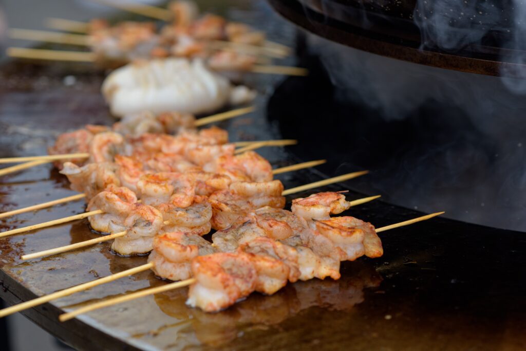 Shrimp Yakitori on a teppanyaki grill