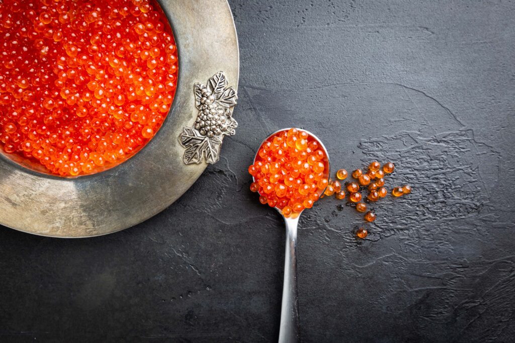 Ikura, or salmon roe, is a delicacy in japanese seafood